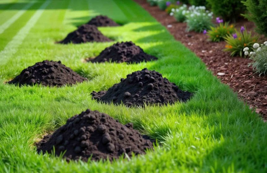 green grass with mounds of dirt