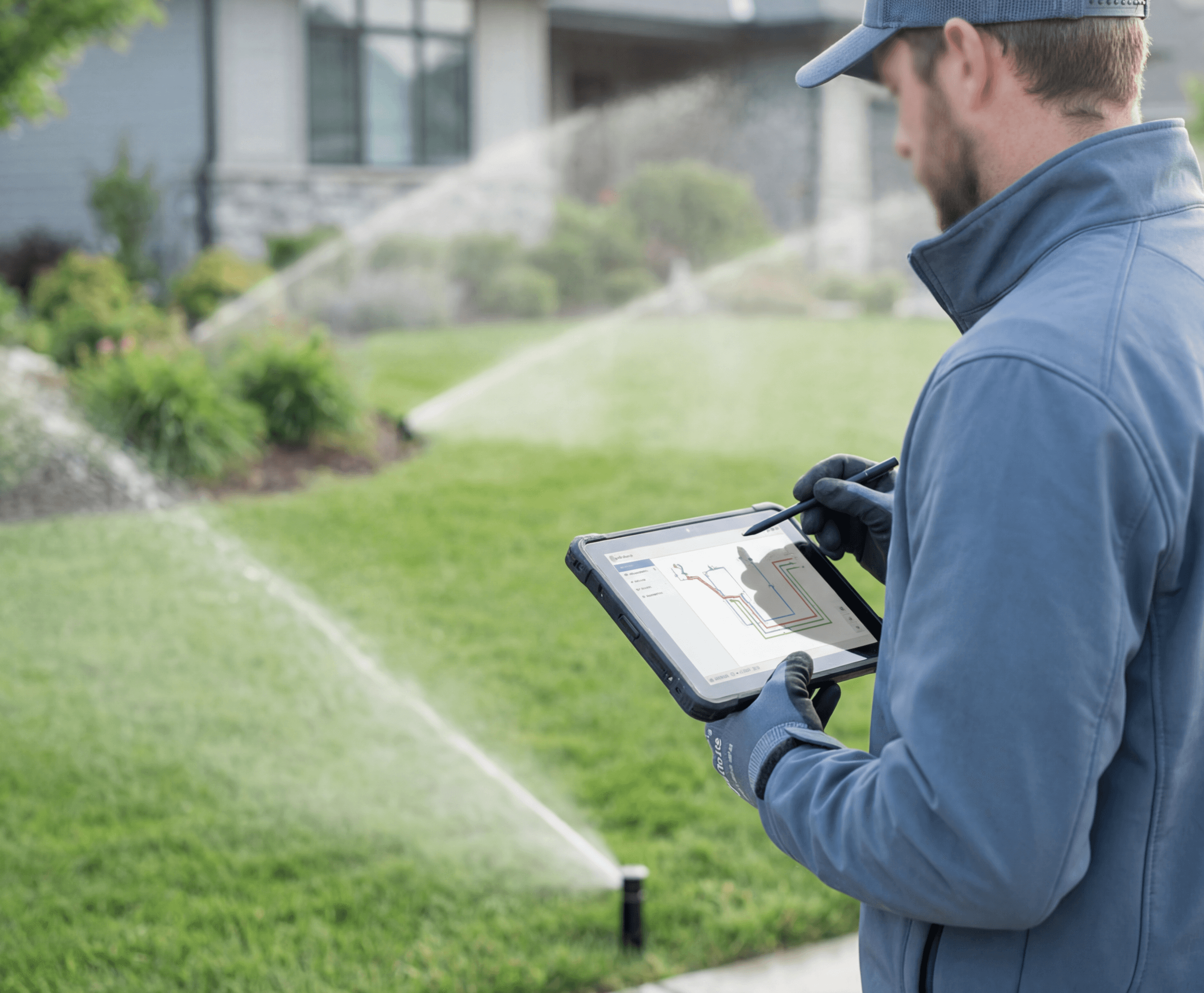 man wearing red and black garden gloves installing drip system around bushes