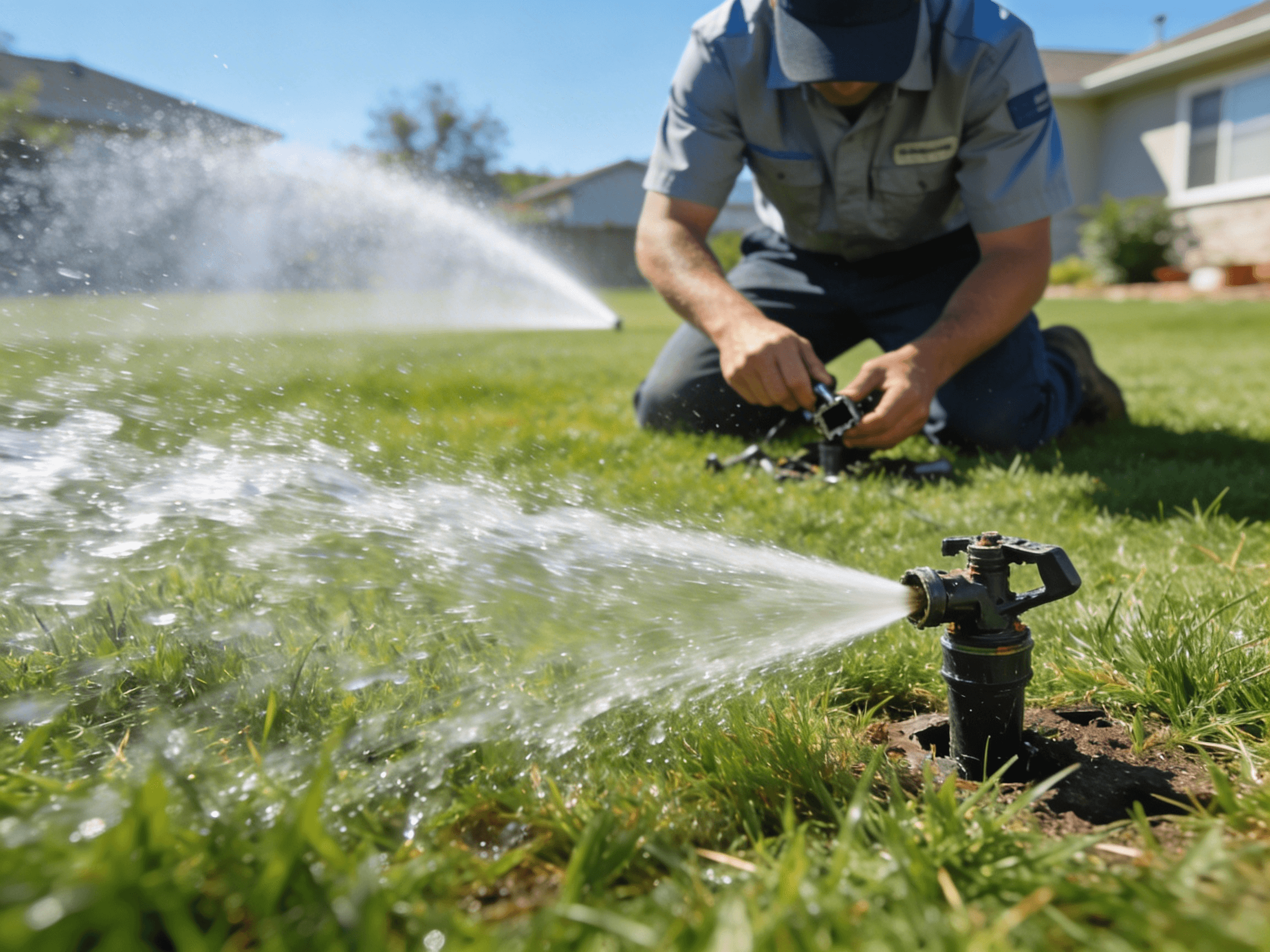 man wearing red and black garden gloves installing drip system around bushes