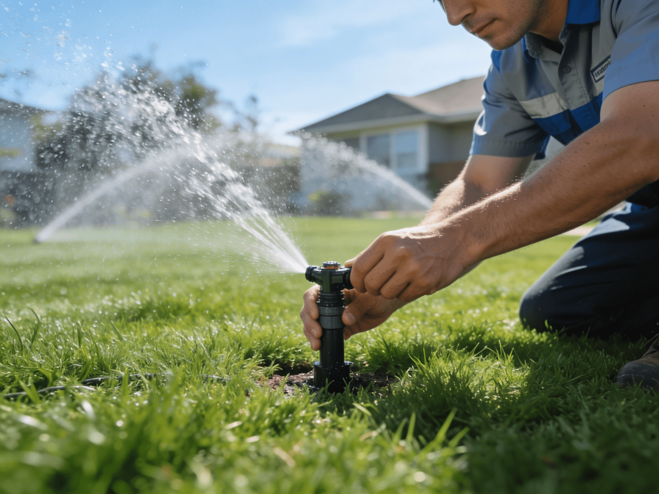 man wearing red and black garden gloves installing drip system around bushes