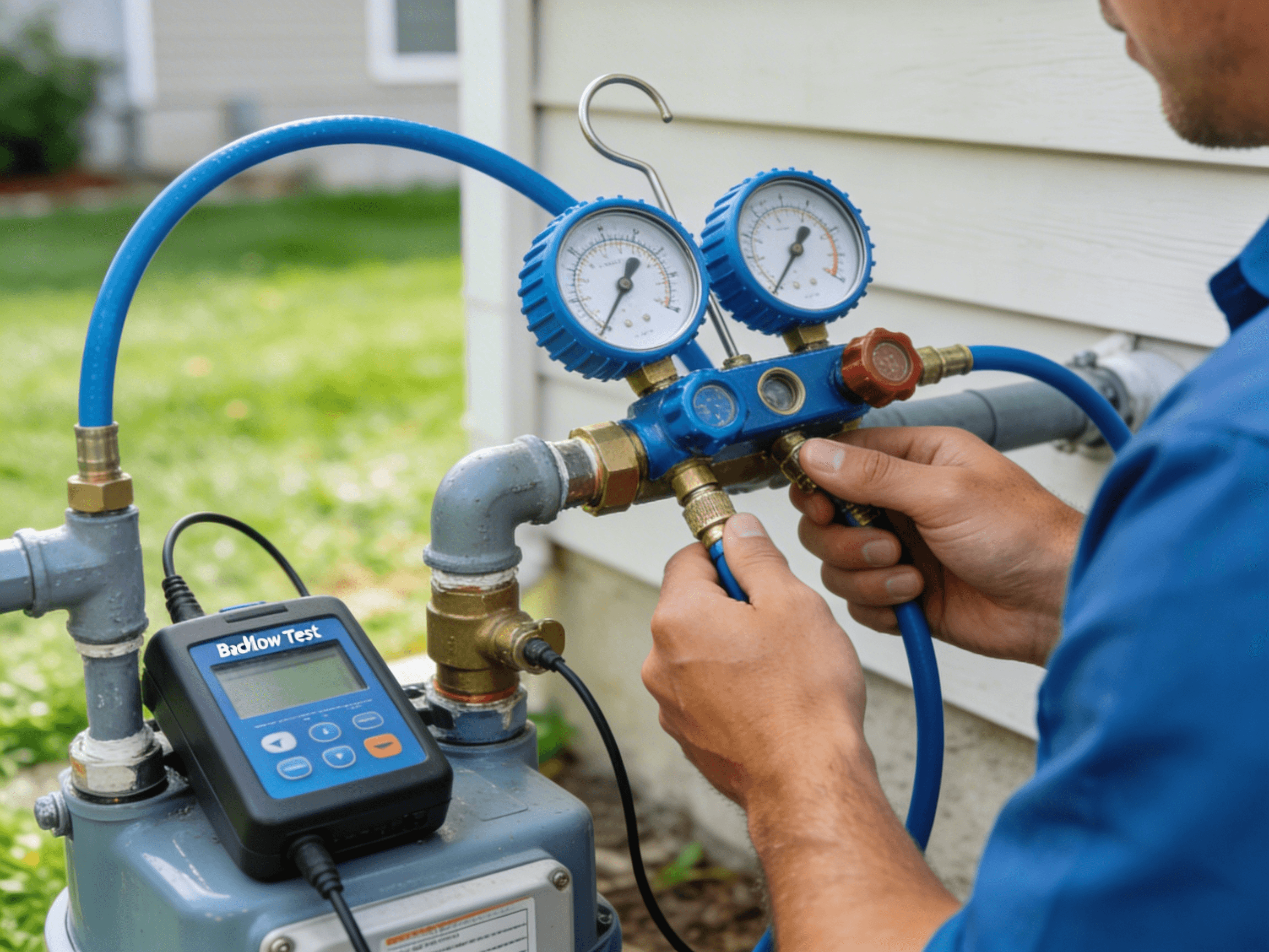 man wearing red and black garden gloves installing drip system around bushes
