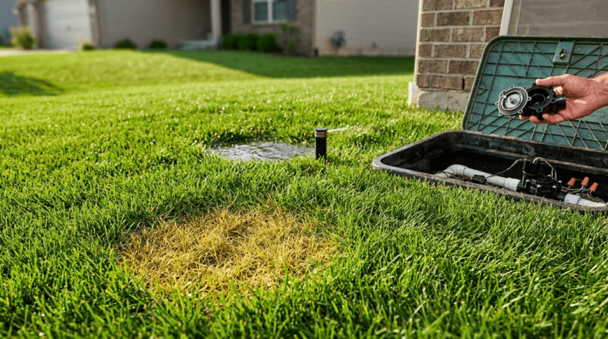 Bad Sprinkler Valve inspection near an open irrigation valve box with wet grass, dry lawn spots, and a sprinkler head running in a residential yard.