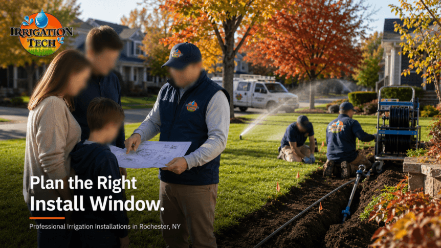 Irrigation system installation in Rochester NY during fall with technicians installing sprinkler system on residential lawn