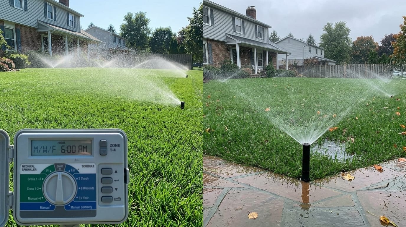 Comparison of summer and autumn lawn watering using the same outdated sprinkler schedule.