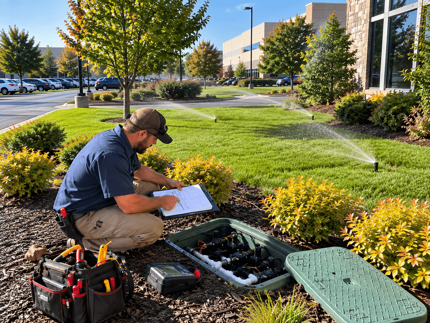 man wearing red and black garden gloves installing drip system around bushes